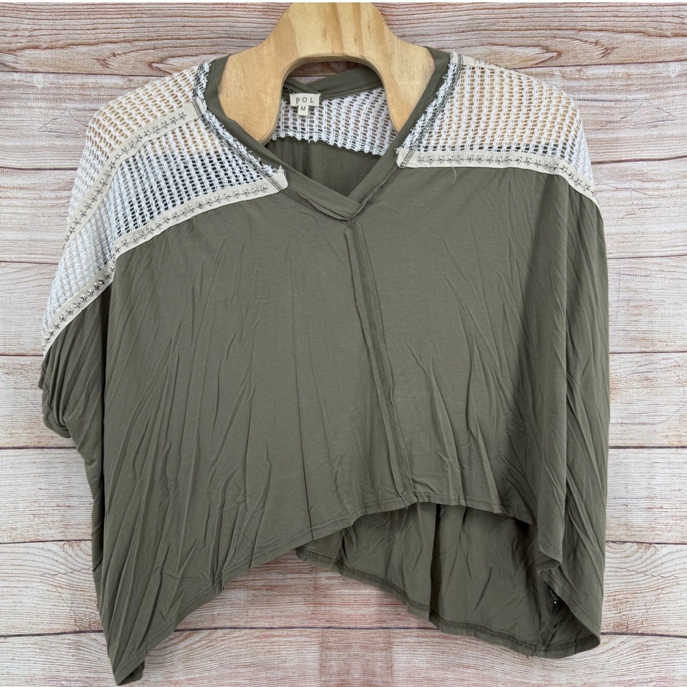 POL Olive Green Mesh Star Studded Dolman Sleeve Oversized Top FKT877A Medium